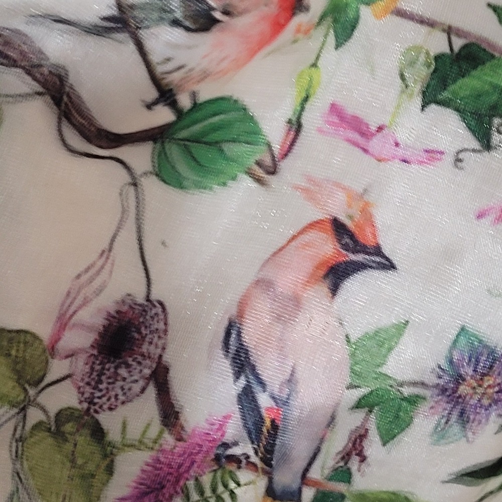 Vintage Botanical Bird Floral Pleated Full Midi Skirt Tulle Lining Nature core